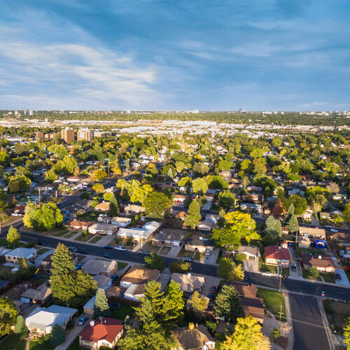 Aerial view of residential neighborhood in the Autumn.