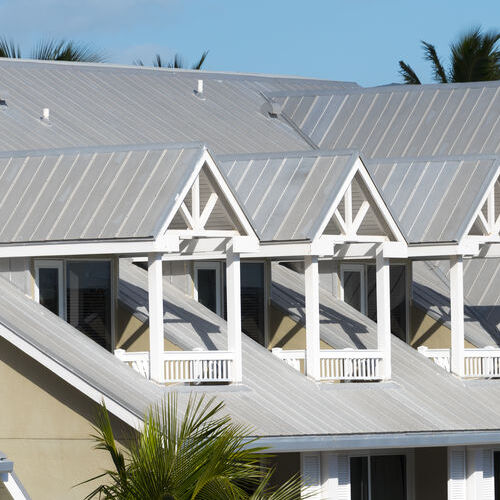 Steel roofing on modern apartment condo building for hurricane protection